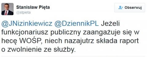 Tweet Stanisława Pięty o WOŚP