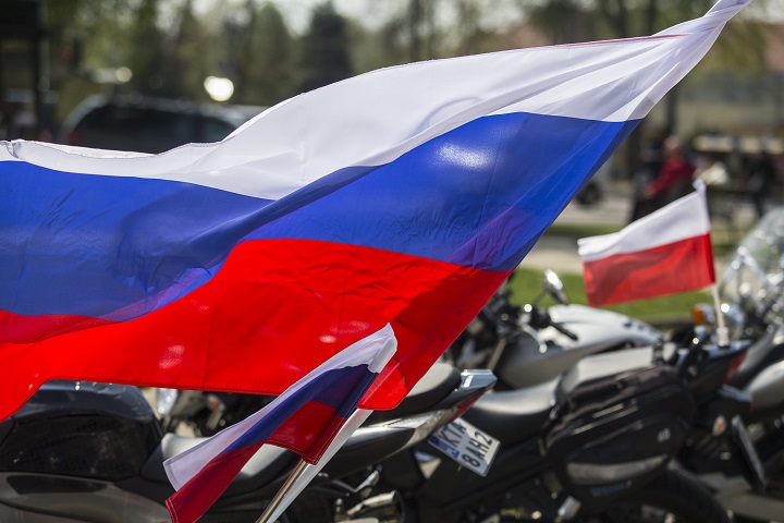 russian flag, polish flag, motorcycle