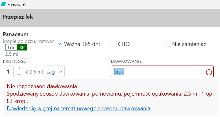 Informacja o&nbsp;błędnym dawkowaniu wraz z&nbsp;listą możliwych jednostek dawkowania