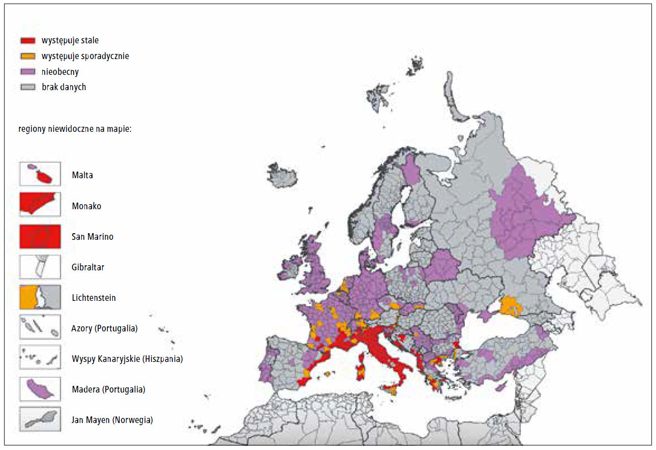   Ryc.  Rozprzestrzenienie  Aedes albopictus  w Europie i krajach ościennych (maj 2018 r.). (Przedrukowano za zgodą z: www.eurosurveillance.org/content/10.2807/1560-7917.ES.2018.23.24.1800268) 