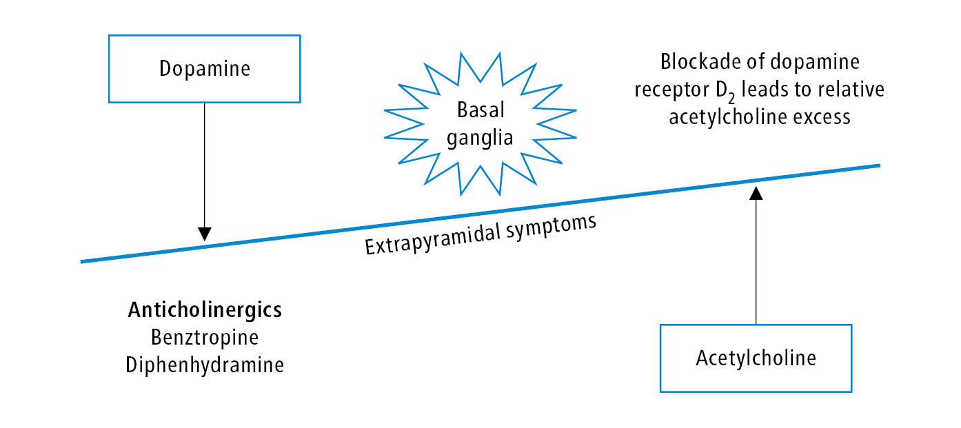 Figure 031_0438.  Extrapyramidal symptoms and the dopamine-acetylcholine interaction. When extrapyramidal symptoms occur, a striatal dopaminergic-cholinergic neurotransmitter imbalance appears due to the blockade of the D 2  receptor in the extrapyramidal system. 