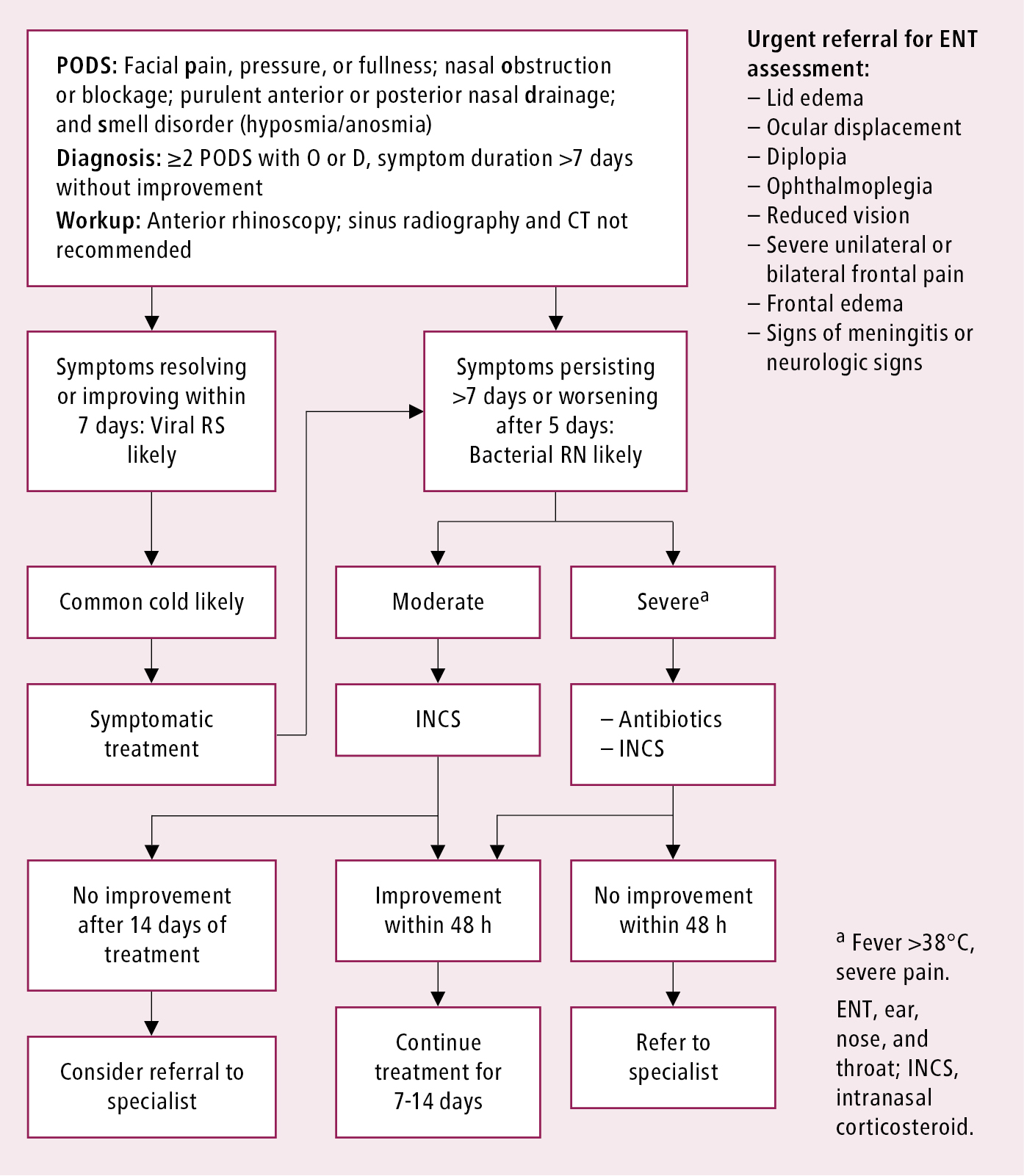 Figure 031_7296.  Management algorithm of adults with acute rhinosinusitis.  Adapted from    Rhinology. 2012 Mar;50(1):1-12   .  